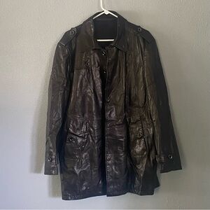 Langteng Black Leather Trench Coat Overcoat Men’s Size 5XL/L